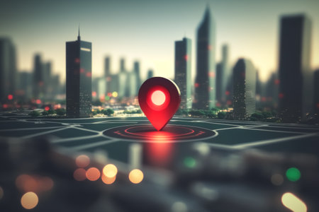 Travel and technologogy concept. Gps icon on bokeh city skyline abstract background. Generative ai