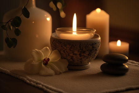 Candle light and flower in spa room abstract background. Relaxation concept. Generative aiの写真素材