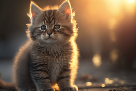 Baby cute cat at park and sunset time abstract background. Generative aiの写真素材