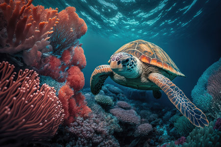 Sea turtle swim under ocean with colorful coral abstract background. animal and nature environment concept. Generative aiの写真素材