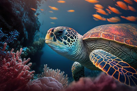 Sea turtle swim under ocean with colorful coral abstract background. animal and nature environment...