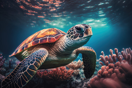 Sea turtle swim under ocean with colorful coral abstract background. animal and nature environment concept. Generative aiの写真素材