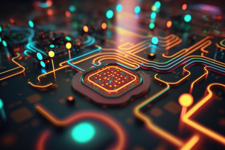 Abstract background of technology digital line and colorful bokeh. Graphic art design. Generative ai