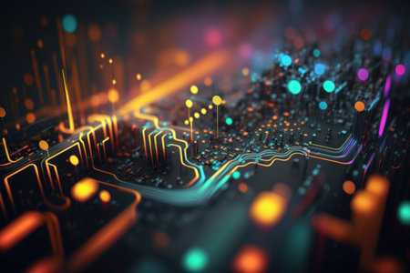 Abstract background of technology digital line and colorful bokeh. Graphic art design. Generative aiの写真素材