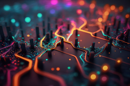 Abstract background of technology digital line and colorful bokeh. Graphic art design. Generative aiの写真素材