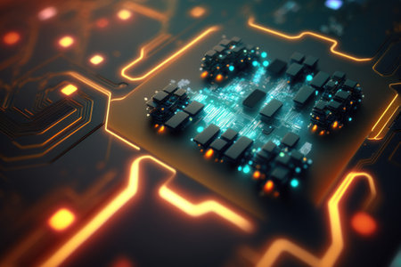 Abstract background of technology digital line and colorful bokeh. Graphic art design. Generative ai