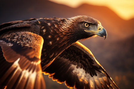 Eagle bird flying on sunset sky abstract background. Animal and freedom concept. Generative aiの写真素材