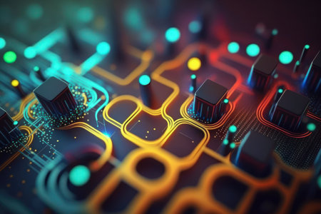 Abstract background of technology digital line and colorful bokeh. Graphic art design. Generative ai
