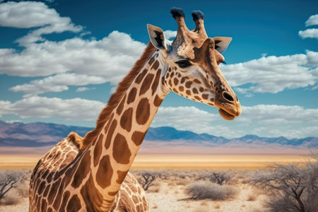 Giraffe at savanna on sunset sky abstract background. Animal and nature environment concept. Generative aiの素材