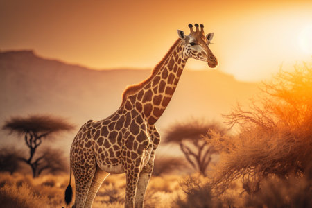 Giraffe at savanna on sunset sky abstract background. Animal and nature environment concept. Generative aiの素材
