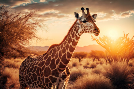 Giraffe at savanna on sunset sky abstract background. Animal and nature environment concept. Generative aiの素材