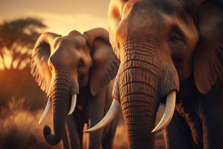 Elephants at savanna on sunset sky abstract background. Animal and nature environment concept. Generative aiの素材