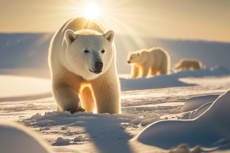 Polar bear at antarctica on sunset sky abstract background. Animal and nature environment concept. Generative aiの素材
