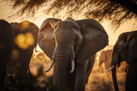 Elephants at savanna on sunset sky abstract background. Animal and nature environment concept. Generative aiの素材