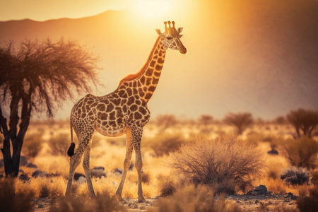 Giraffe at savanna on sunset sky abstract background. Animal and nature environment concept. Generative aiの素材