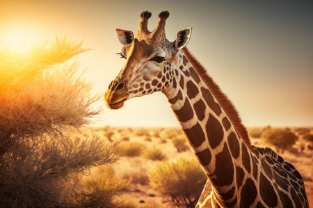 Giraffe at savanna on sunset sky abstract background. Animal and nature environment concept. Generative aiの素材