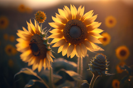 Sunflower field on sunset sky abstract background. Generative aiの素材