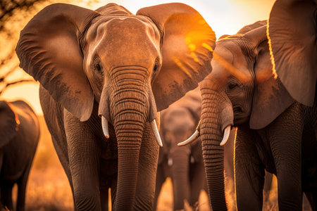Elephants at savanna on sunset sky abstract background. Animal and nature environment concept. Generative aiの素材