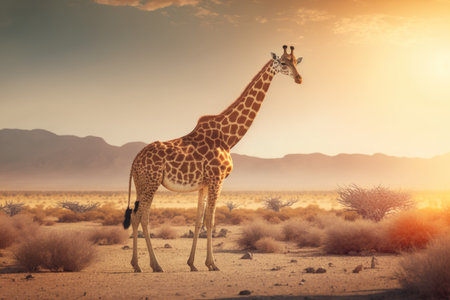 Giraffe at savanna on sunset sky abstract background. Animal and nature environment concept. Generative aiの素材