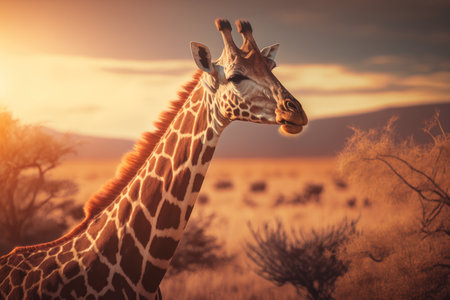 Giraffe at savanna on sunset sky abstract background. Animal and nature environment concept. Generative aiの素材