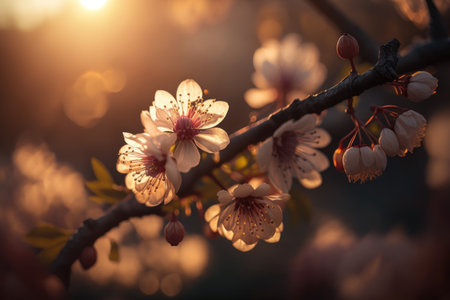 Cherry blossomon on sunset sky abstract background. Generative aiの素材