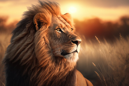 Lion at savanna on sunset sky abstract background. Animal and nature environment concept. Generative aiの素材
