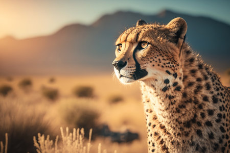 Cheetah at savanna on sunset sky abstract background. Animal and nature environment concept. Generative aiの素材