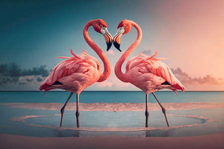 Couple flamingos neck heart shape on tropical beach abstract background. Love and nature concept. Generative aiの素材