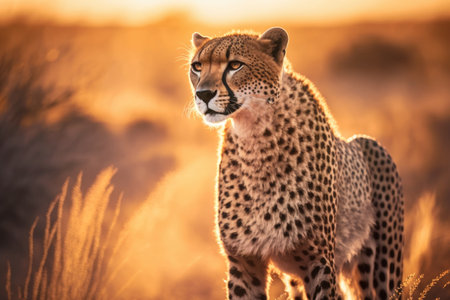 Cheetah at savanna on sunset sky abstract background. Animal and nature environment concept. Generative aiの素材