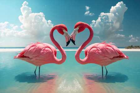 Couple flamingos neck heart shape on tropical beach abstract background. Love and nature concept. Generative aiの素材