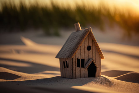 Small model home on sunset beach abstract background. Business and nature concept. Generative aiの素材