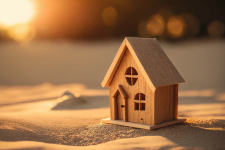 Small model home on sunset beach abstract background. Business and nature concept. Generative aiの素材