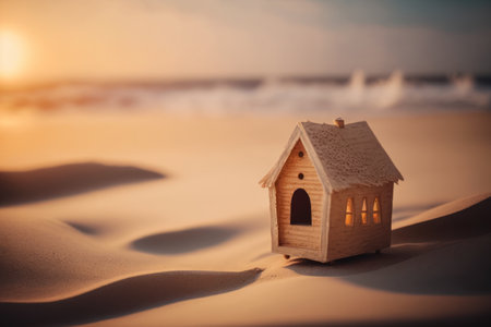 Small model home on sunset beach abstract background. Business and nature concept. Generative aiの素材