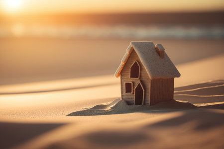 Small model home on sunset beach abstract background. Business and nature concept. Generative aiの素材