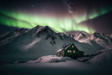 A hut at snow mountain on aurora and star sky abstract background. Generative aiの素材