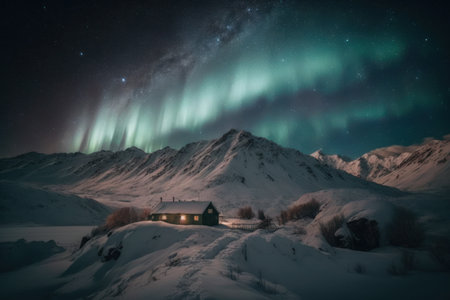 A hut at snow mountain on aurora and star sky abstract background. Generative aiの素材