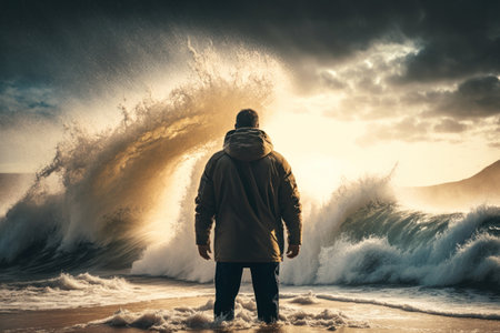 Man standing front of big strom wave on sunset sky abstract background. Challenge and brave concept. Generative AIの素材