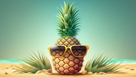 Pineapple wearing sunglasses on tropical beach abstract background. Graphic illustration design. Generative aiの素材
