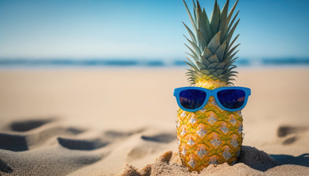 Pineapple wearing sunglasses on tropical beach abstract background. Generative aiの素材