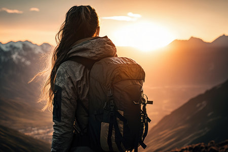 Backpack woman standing on top of mountain with sunset sky abstract background. Generative aiの素材