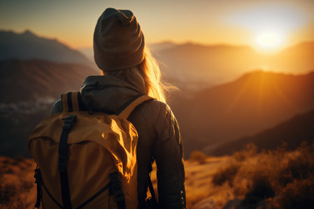 Backpack woman standing on top of mountain with sunset sky abstract background. Generative aiの素材