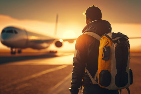 Backpack man travel at airport on sunset sky abstract background. Generative aiの素材