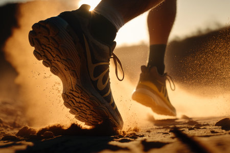 Close up shoes running with sunset abstract background. Sport and health care concept. Generative aiの素材