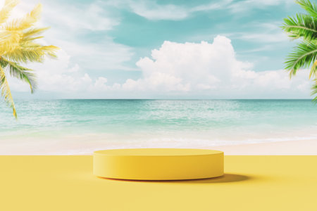 3d podium with copy space for product display presentation on palm beach abstract background. Tropical summer and vacation concept. Graphic art design.の写真素材