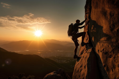 Man rock climbing on sunset sky abstract background. Generative aiの素材