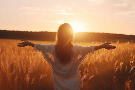 Woman raise hand up at grass field on sunset sky abstract background. Freedom and travel vacation concept. Generative aiの素材
