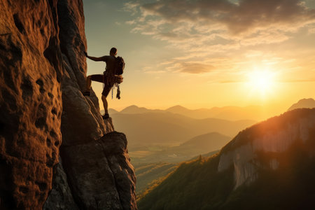 Man rock climbing on sunset sky abstract background. Generative aiの素材