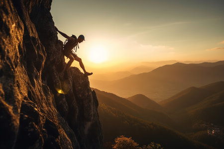 Man rock climbing on sunset sky abstract background. Generative aiの素材