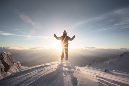 Man spread arms at top of snow mountain on morning sky abstract background. Generative aiの素材