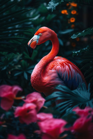 Flamingo in tropical nature forrest abstract background. Animal and environment concept. Generative aiの素材